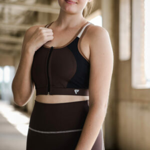 Mocha Elevate Zip Crop Sports Bra in color-blocked design with zip-front closure