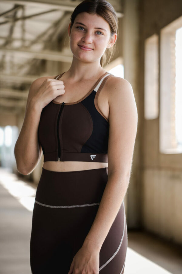 Mocha Elevate Zip Crop Sports Bra in color-blocked design with zip-front closure