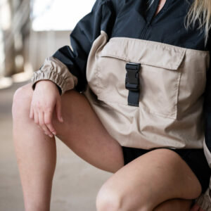 Dune Airlift Cargo Jacket in black and biscuit brown color block design with functional front pocket